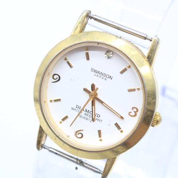 SWANSON Diamond Watch Mens Gold Tone Stainless Steel Classic White Dial Quartz - Picture 2 of 5